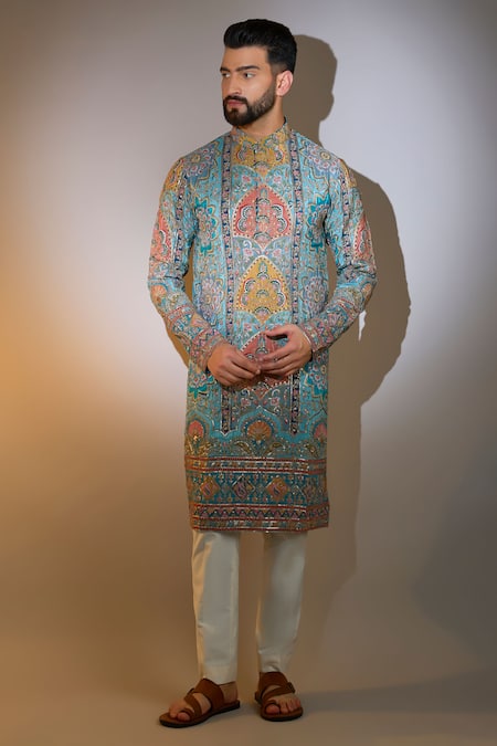 Kasbah_Blue Georgette Sequins, Zari Mughal Print Designer Kurta _Online_at_Aza_Fashions
