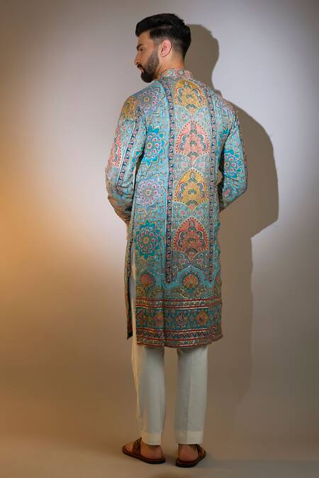 Shop_Kasbah_Blue Georgette Sequins, Zari Mughal Print Designer Kurta _at_Aza_Fashions