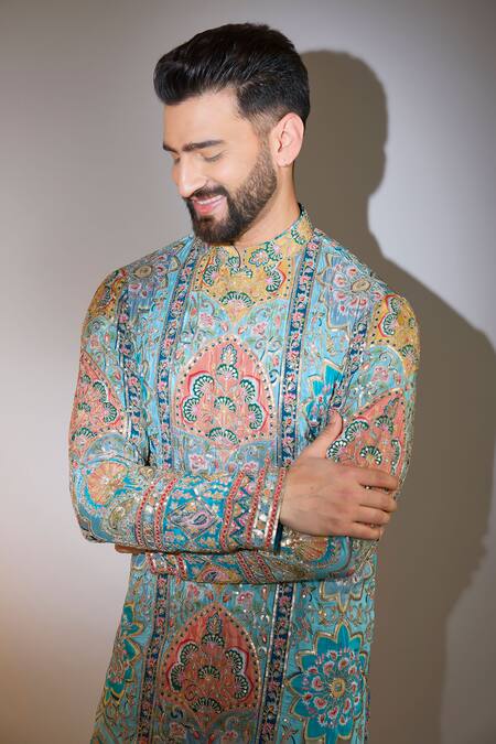 Buy_Kasbah_Blue Georgette Sequins, Zari Mughal Print Designer Kurta _Online_at_Aza_Fashions