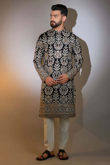 Kasbah Black Georgette Zari, Sequins Crest Embroidered Kurta Online at Aza Fashions Kasbah_Black Georgette Zari, Sequins Crest Embroidered Kurta _Online_at_Aza_Fashions