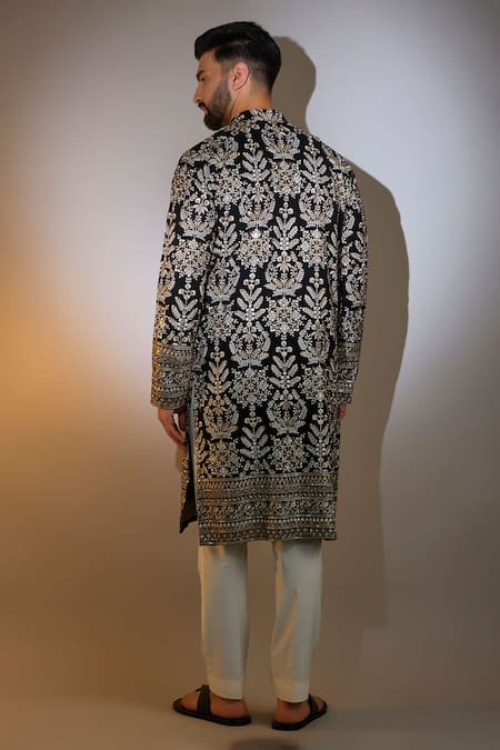 Shop Kasbah Black Georgette Zari, Sequins Crest Embroidered Kurta at Aza Fashions Shop_Kasbah_Black Georgette Zari, Sequins Crest Embroidered Kurta _at_Aza_Fashions