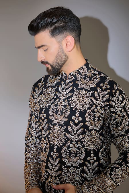 Buy Kasbah Black Georgette Zari, Sequins Crest Embroidered Kurta Online at Aza Fashions Buy_Kasbah_Black Georgette Zari, Sequins Crest Embroidered Kurta _Online_at_Aza_Fashions