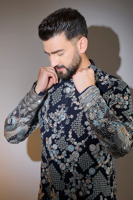 Buy Kasbah Blue Georgette Zari, Sequins Persian Bloom Embroidered Kurta Online at Aza Fashions Buy_Kasbah_Blue Georgette Zari, Sequins Persian Bloom Embroidered Kurta _Online_at_Aza_Fashions