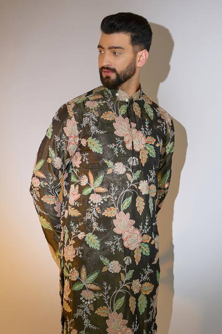 Kasbah_Green Georgette Sequins Floral Embroidered Kurta _Online_at_Aza_Fashions