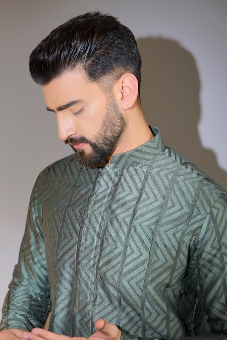 Kasbah Green Silk Embroidery Chevron Kurta Online at Aza Fashions Kasbah_Green Silk Embroidery Chevron Kurta _Online_at_Aza_Fashions