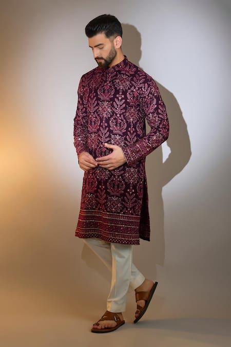 Kasbah Wine Silk Embroidery Floral Thread Kurta Online at Aza Fashions Kasbah_Wine Silk Embroidery Floral Thread Kurta _Online_at_Aza_Fashions