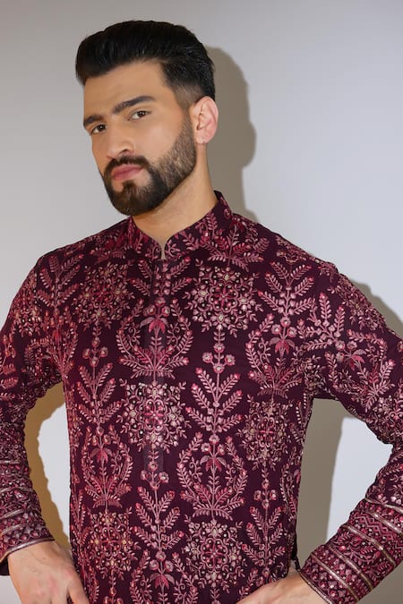 Buy Kasbah Wine Silk Embroidery Floral Thread Kurta Online at Aza Fashions Buy_Kasbah_Wine Silk Embroidery Floral Thread Kurta _Online_at_Aza_Fashions