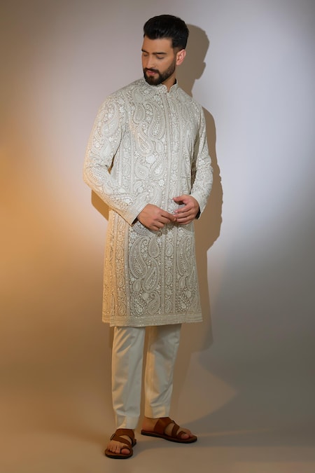 Buy_Kasbah_Beige Georgette Embroidery Paisley Kurta _Online_at_Aza_Fashions