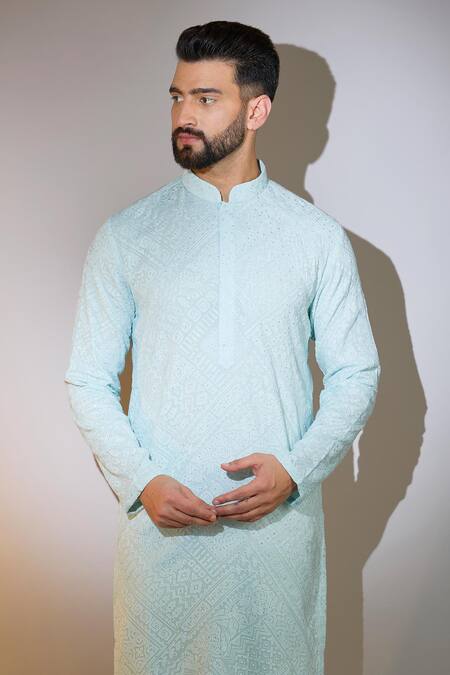 Kasbah_Blue Georgette Chains Floral Chikankari Embroidered Kurta _Online_at_Aza_Fashions