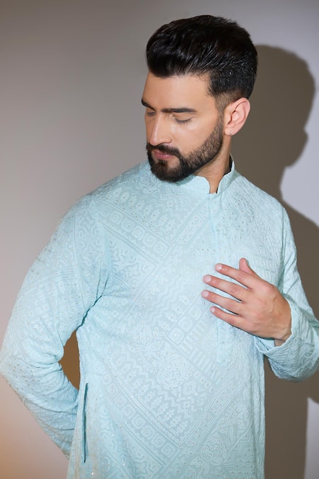 Buy_Kasbah_Blue Georgette Chains Floral Chikankari Embroidered Kurta _Online_at_Aza_Fashions