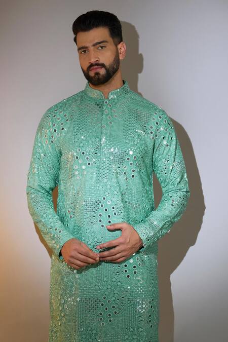 Kasbah_Green Silk Mirrors, Sequins, Embroidery Sage Kurta _Online_at_Aza_Fashions