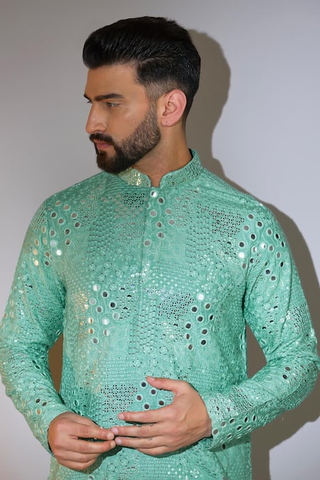Buy_Kasbah_Green Silk Mirrors, Sequins, Embroidery Sage Kurta _Online_at_Aza_Fashions
