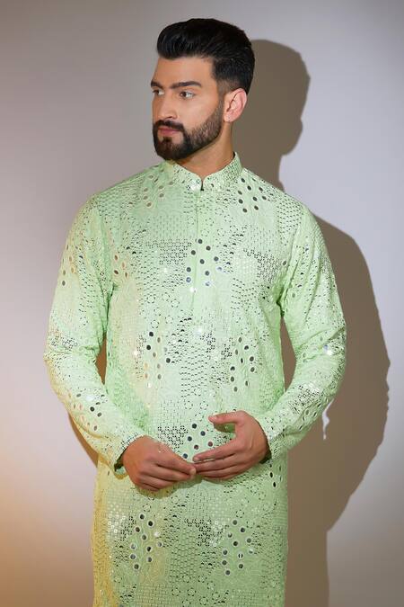 Kasbah_Green Silk Mirrors, Sequins, Embroidery Pastel Work Kurta _Online_at_Aza_Fashions