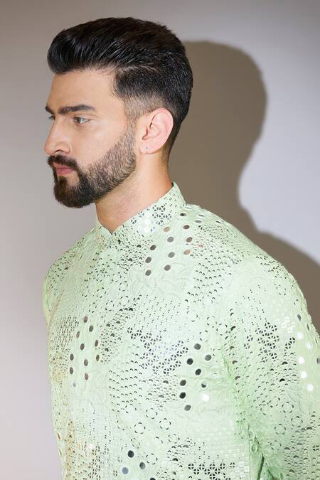 Buy_Kasbah_Green Silk Mirrors, Sequins, Embroidery Pastel Work Kurta _Online_at_Aza_Fashions