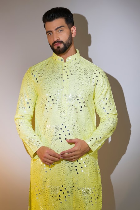 Buy_Kasbah_Yellow Silk Mirrors, Sequins Geometric Work Kurta _Online_at_Aza_Fashions