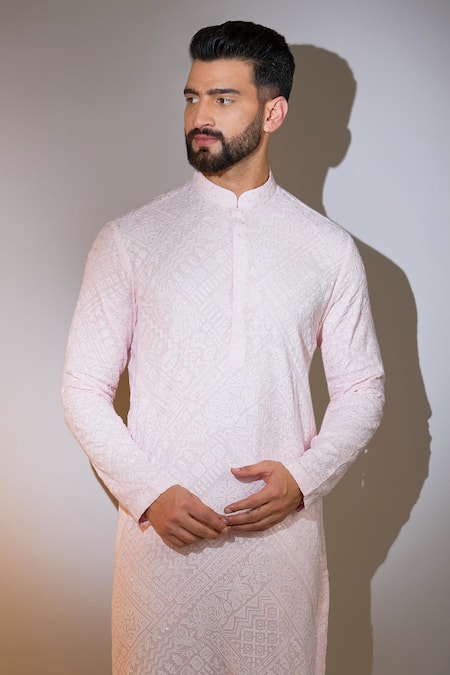 Kasbah_Pink Georgette Sequins, Embroidery Powder Chikankari Kurta _Online_at_Aza_Fashions