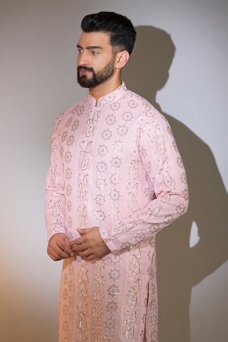 Kasbah_Pink Georgette Chikankari Thread Embroidered Kurta _Online_at_Aza_Fashions