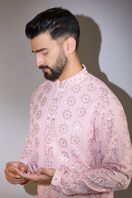 Buy_Kasbah_Pink Georgette Chikankari Thread Embroidered Kurta _Online_at_Aza_Fashions