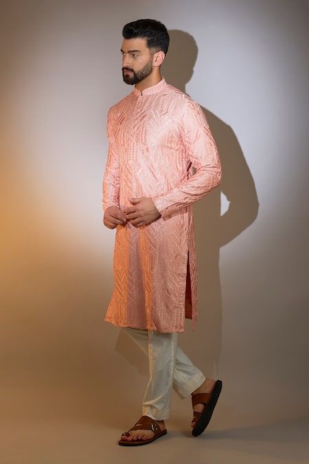Kasbah_Peach Silk Sequins, Embroidery Geometric Kurta _Online_at_Aza_Fashions