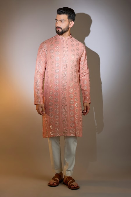 Kasbah_Peach Georgette Chains Paisley Chikankari Embroidered Kurta _Online_at_Aza_Fashions