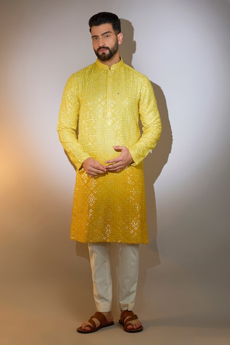 Kasbah Yellow Silk Sequins, Embroidery Ombre Kurta Online at Aza Fashions Kasbah_Yellow Silk Sequins, Embroidery Ombre Kurta _Online_at_Aza_Fashions