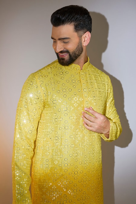 Buy Kasbah Yellow Silk Sequins, Embroidery Ombre Kurta Online at Aza Fashions Buy_Kasbah_Yellow Silk Sequins, Embroidery Ombre Kurta _Online_at_Aza_Fashions