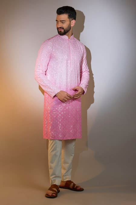 Kasbah_Pink Silk Sequins, Embroidery Ombre Kurta _Online_at_Aza_Fashions