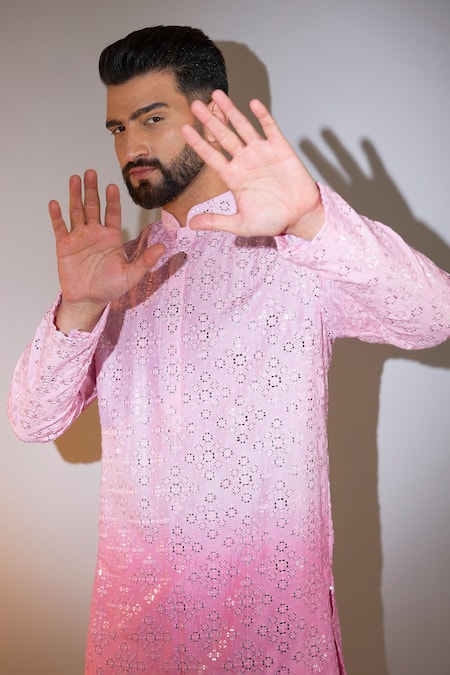Buy_Kasbah_Pink Silk Sequins, Embroidery Ombre Kurta _Online_at_Aza_Fashions