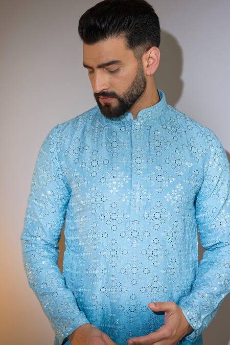 Buy_Kasbah_Blue Silk Sequins, Mirrors Ombre Embroidered Kurta _Online_at_Aza_Fashions