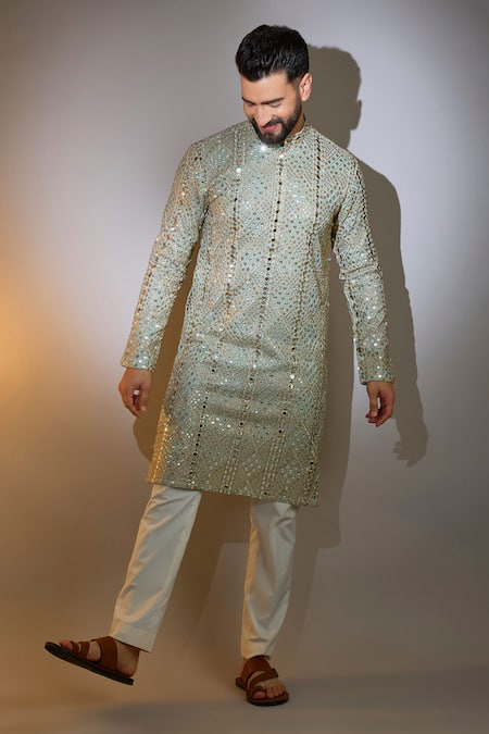 Kasbah_Blue Georgette Mirrors, Zari Embroidered Kurta _Online_at_Aza_Fashions