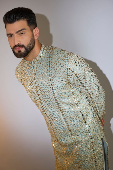 Buy_Kasbah_Blue Georgette Mirrors, Zari Embroidered Kurta _Online_at_Aza_Fashions