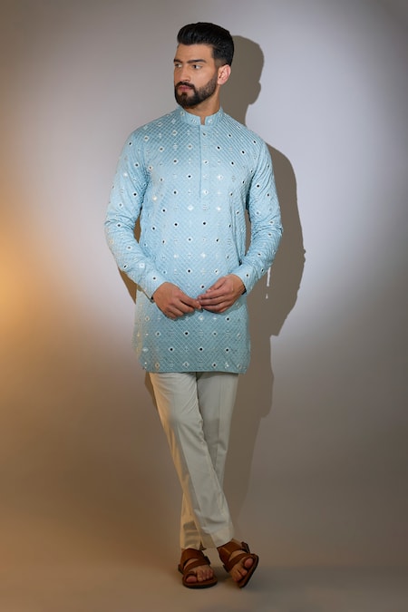 Kasbah_Blue Silk Mirrors, Embroidery Geometric Work Short Kurta _Online_at_Aza_Fashions