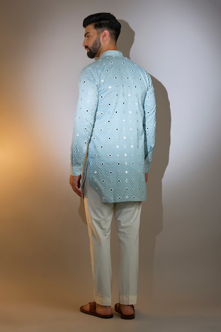 Shop_Kasbah_Blue Silk Mirrors, Embroidery Geometric Work Short Kurta _at_Aza_Fashions