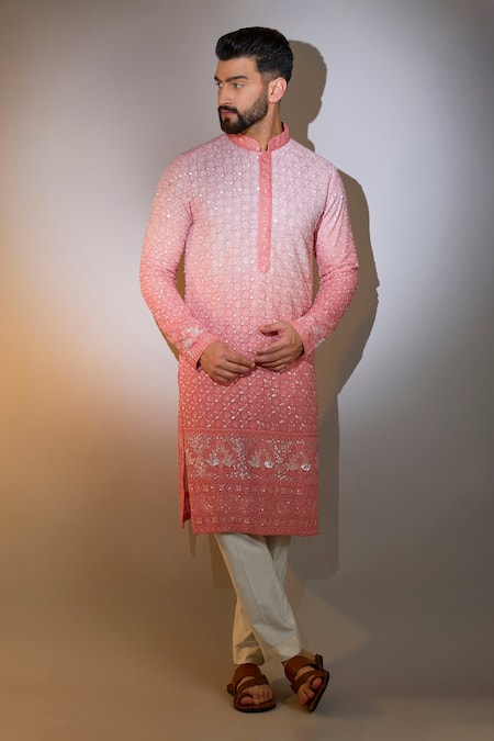 Kasbah_Peach Georgette Sequins, Embroidery Ombre Kurta _Online_at_Aza_Fashions