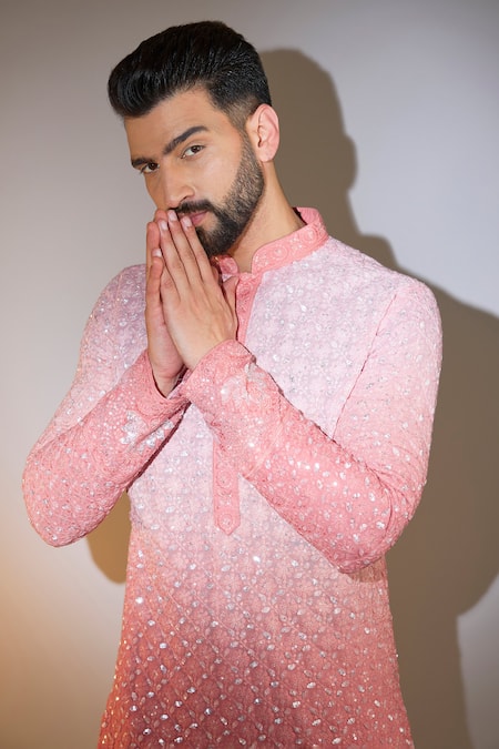 Buy_Kasbah_Peach Georgette Sequins, Embroidery Ombre Kurta _Online_at_Aza_Fashions