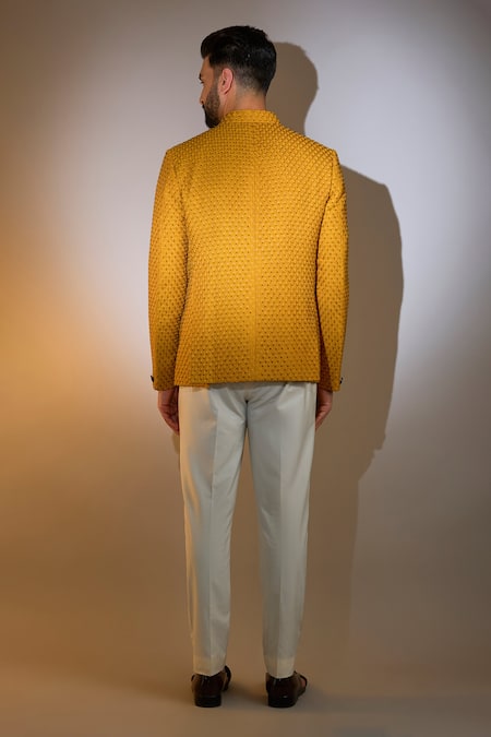 Shop_Kasbah_Yellow Silk Cut Work, Embroidery Mustard Cutdana Bandhgala _at_Aza_Fashions