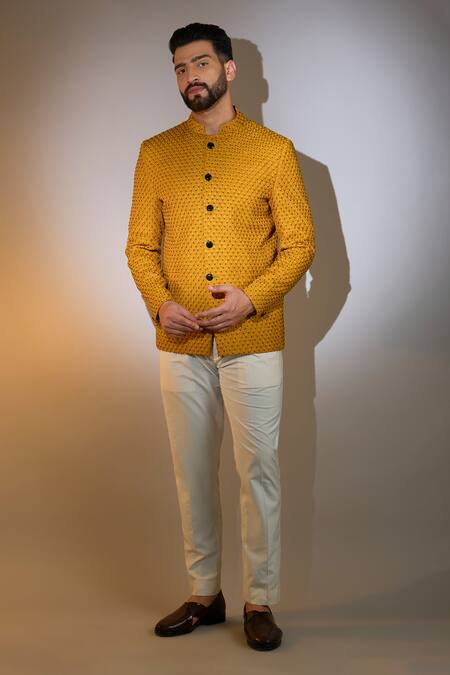 Kasbah_Yellow Silk Cut Work, Embroidery Mustard Cutdana Bandhgala _Online_at_Aza_Fashions