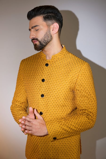 Buy_Kasbah_Yellow Silk Cut Work, Embroidery Mustard Cutdana Bandhgala _Online_at_Aza_Fashions