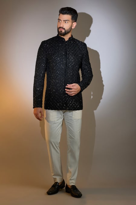 Kasbah_Black Silk Cut Work, Sequins, Embroidery Checkered Bandhgala _Online_at_Aza_Fashions