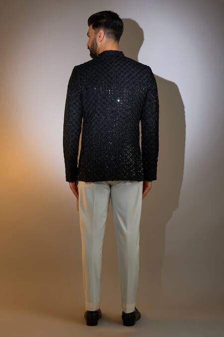 Shop_Kasbah_Black Silk Cut Work, Sequins, Embroidery Checkered Bandhgala _at_Aza_Fashions