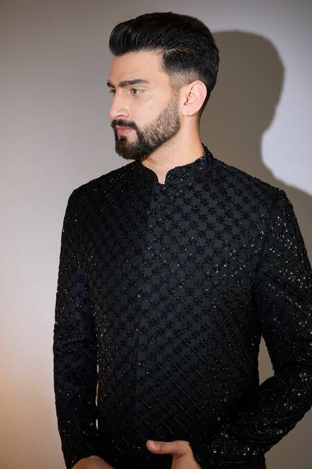 Buy_Kasbah_Black Silk Cut Work, Sequins, Embroidery Checkered Bandhgala _Online_at_Aza_Fashions
