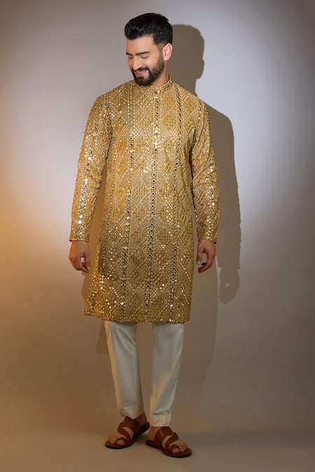 Kasbah Yellow Georgette Sequins, Mirrors Geometric Embroidered Kurta Online at Aza Fashions Kasbah_Yellow Georgette Sequins, Mirrors Geometric Embroidered Kurta _Online_at_Aza_Fashions