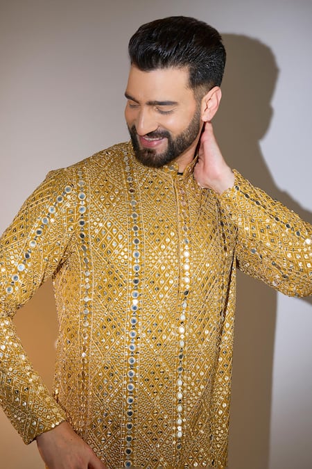 Buy Kasbah Yellow Georgette Sequins, Mirrors Geometric Embroidered Kurta Online at Aza Fashions Buy_Kasbah_Yellow Georgette Sequins, Mirrors Geometric Embroidered Kurta _Online_at_Aza_Fashions