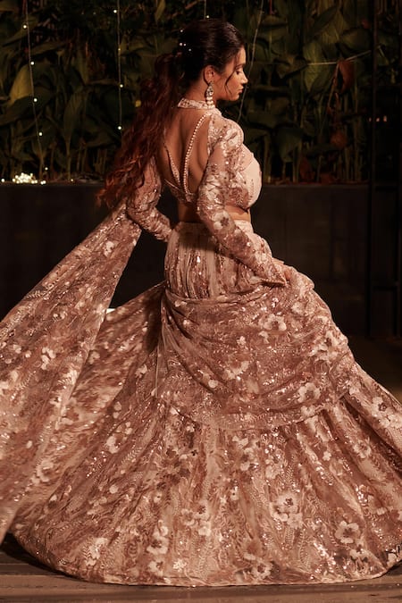 Jigar & Nikita_Beige Net Sequins, Cut Work, Pearls High Floral Embroidered Drape Lehenga Saree _Online_at_Aza_Fashions