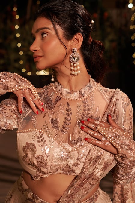 Buy_Jigar & Nikita_Beige Net Sequins, Cut Work, Pearls High Floral Embroidered Drape Lehenga Saree _Online_at_Aza_Fashions