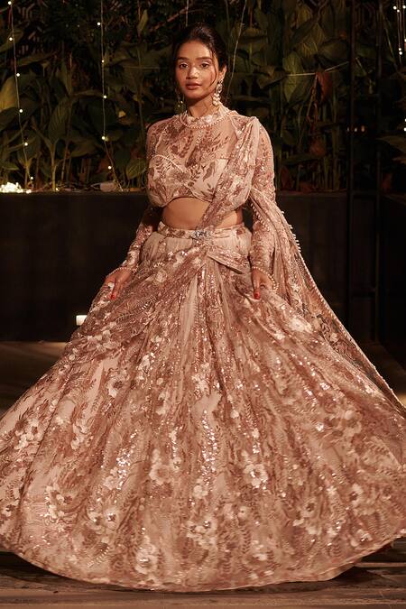 Shop_Jigar & Nikita_Beige Net Sequins, Cut Work, Pearls High Floral Embroidered Drape Lehenga Saree _Online_at_Aza_Fashions