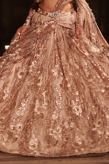 Jigar & Nikita_Beige Net Sequins, Cut Work, Pearls High Floral Embroidered Drape Lehenga Saree _at_Aza_Fashions
