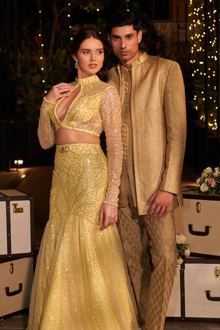 Buy Jigar & Nikita Yellow Net Sequins, Cut Work, Pearls High Neck Mermaid Lehenga Set With Blouse Online at Aza Fashions Buy_Jigar & Nikita_Yellow Net Sequins, Cut Work, Pearls High Neck Mermaid Lehenga Set With Blouse _Online_at_Aza_Fashions