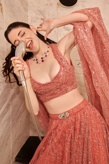 Buy Jigar & Nikita Orange Net Cut Work, Pearls, Sequins, Cutdana Embroidered Lehenga And Drape Blouse Online at Aza Fashions Buy_Jigar & Nikita_Orange Net Cut Work, Pearls, Sequins, Cutdana Embroidered Lehenga And Drape Blouse _Online_at_Aza_Fashions