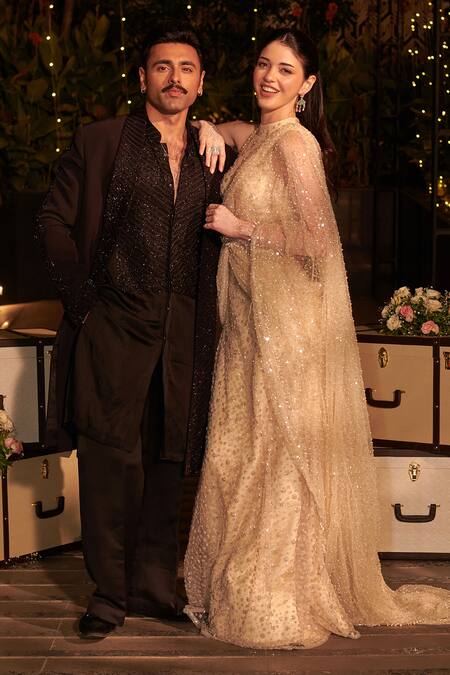 Shop_Jigar & Nikita_Ivory Net Pearls, Sequins, Cut Work, Tassels High Embroidered Gown With Drape _Online_at_Aza_Fashions